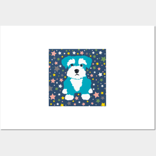 Turquoise Miniature Schnauzer and Stars on Blue Background Posters and Art
